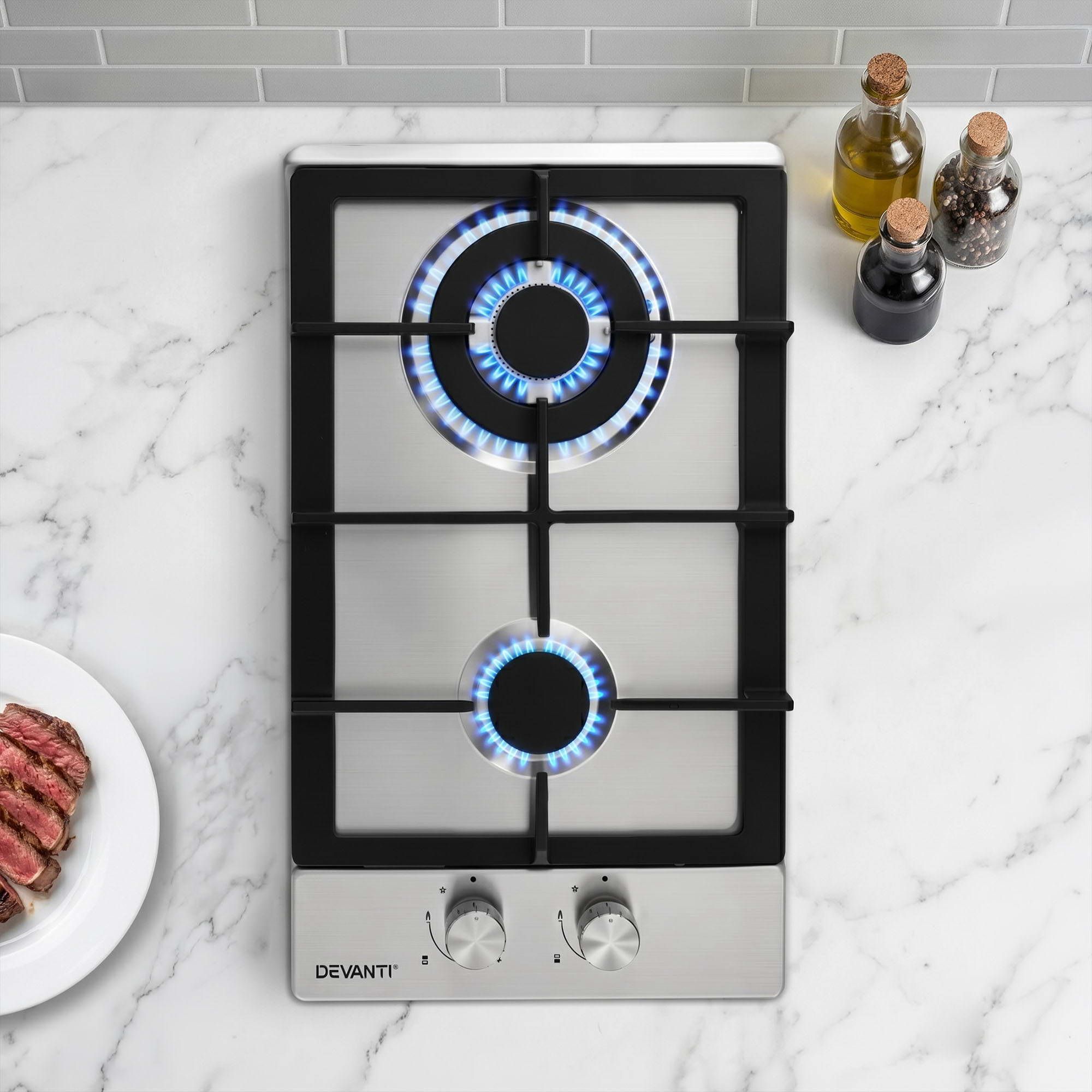 30cm Gas Cooktop 2 Burner Stainless Steel Wok Flame Safety Lock