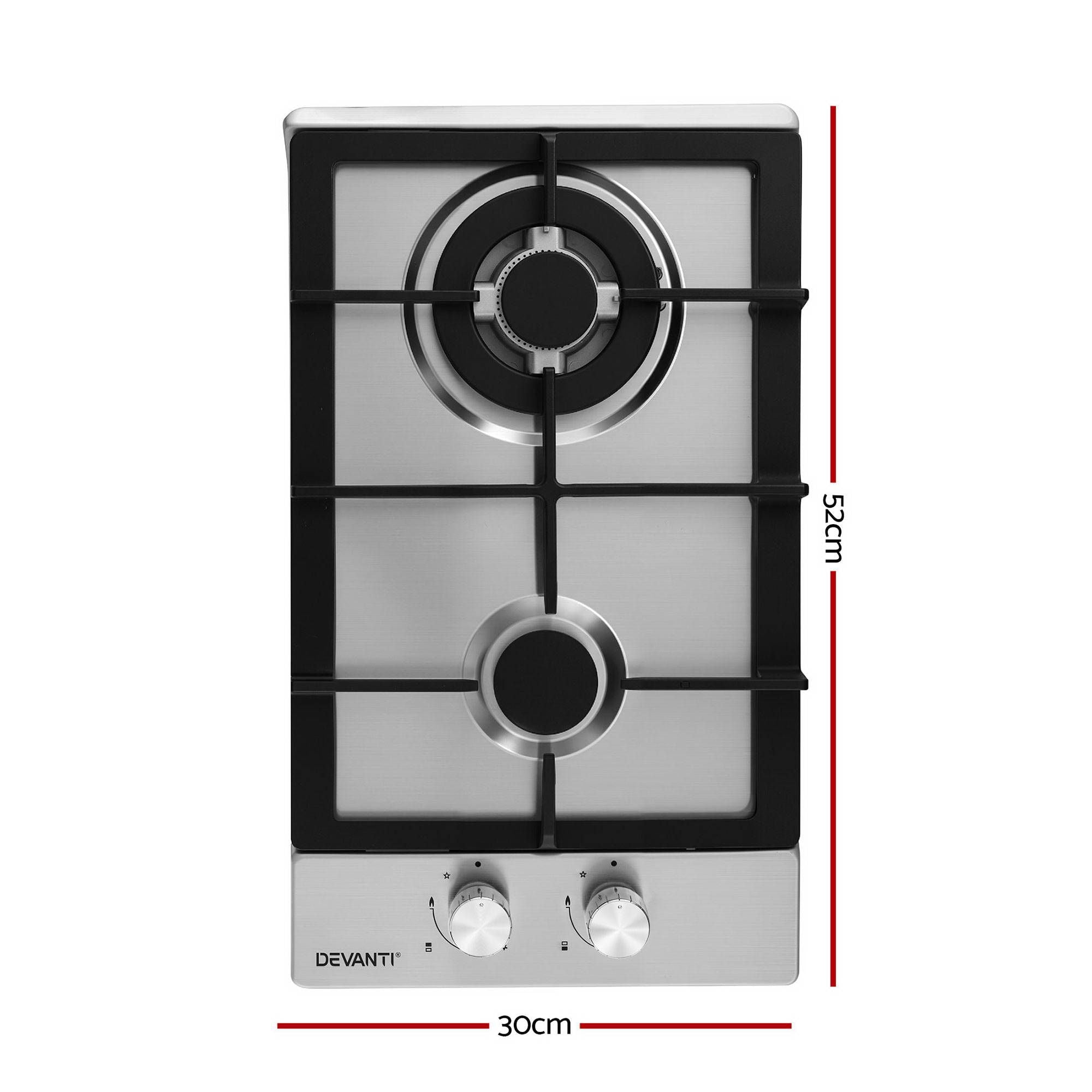 30cm Gas Cooktop 2 Burner Stainless Steel Wok Flame Safety Lock