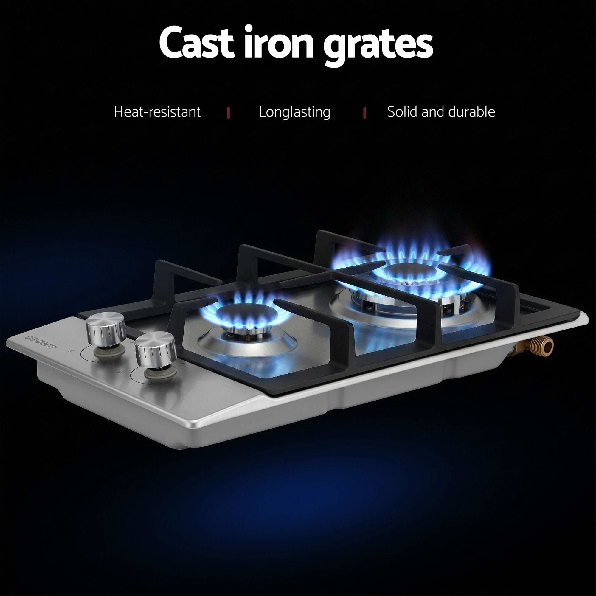 30cm Gas Cooktop 2 Burner Stainless Steel Wok Flame Safety Lock