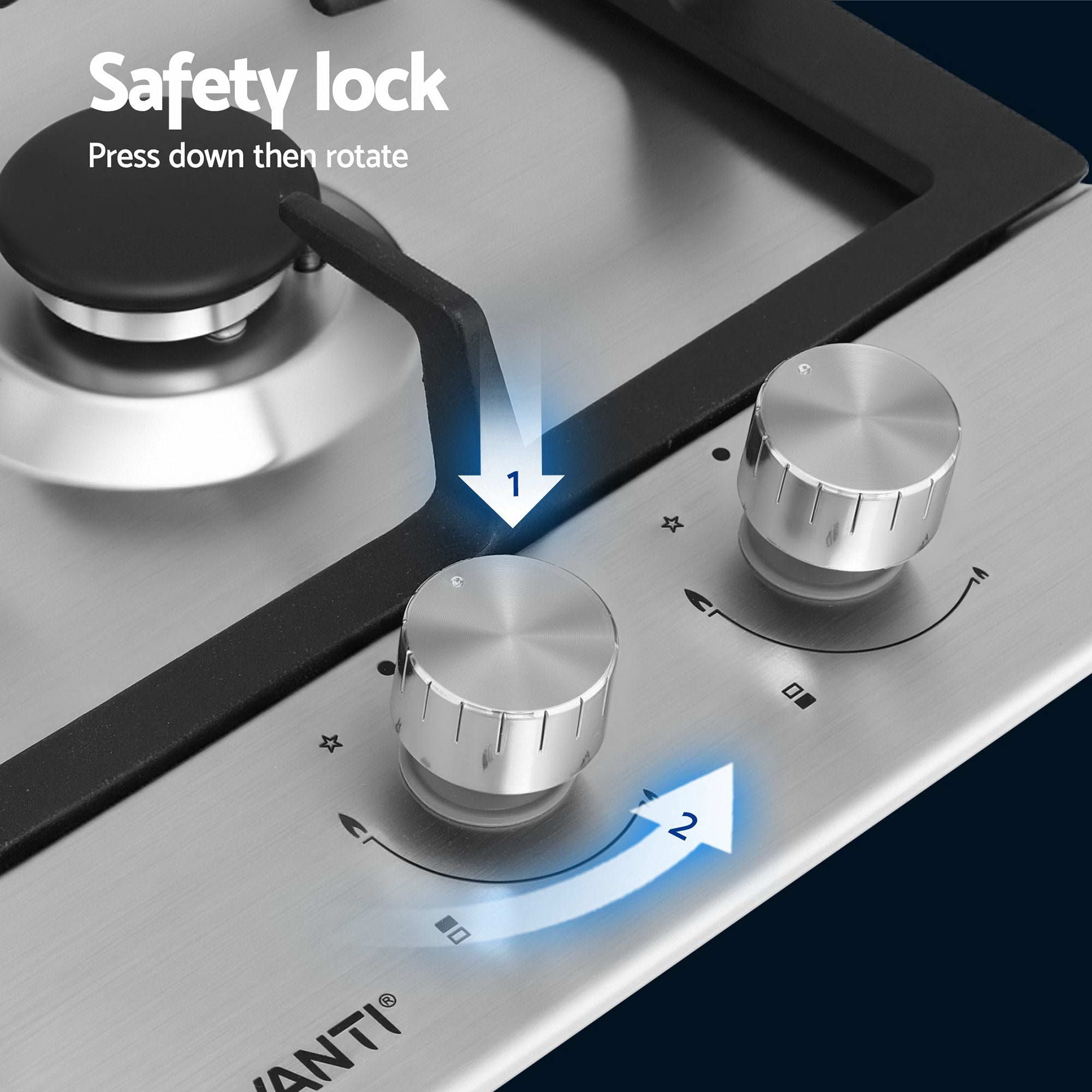 30cm Gas Cooktop 2 Burner Stainless Steel Wok Flame Safety Lock