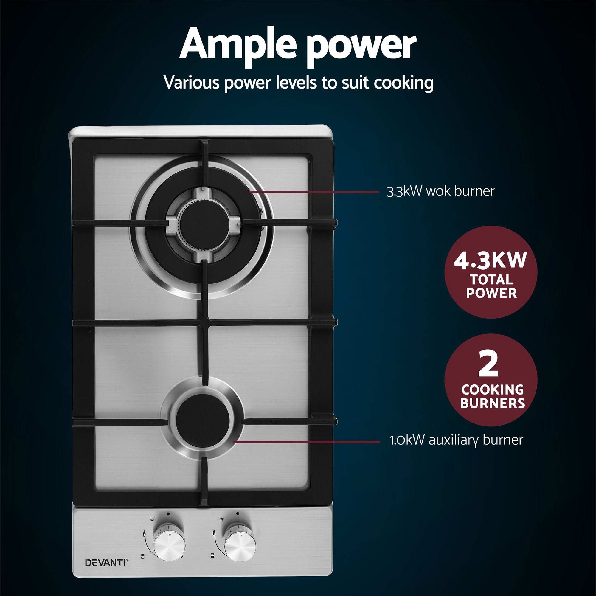 30cm Gas Cooktop 2 Burner Stainless Steel Wok Flame Safety Lock