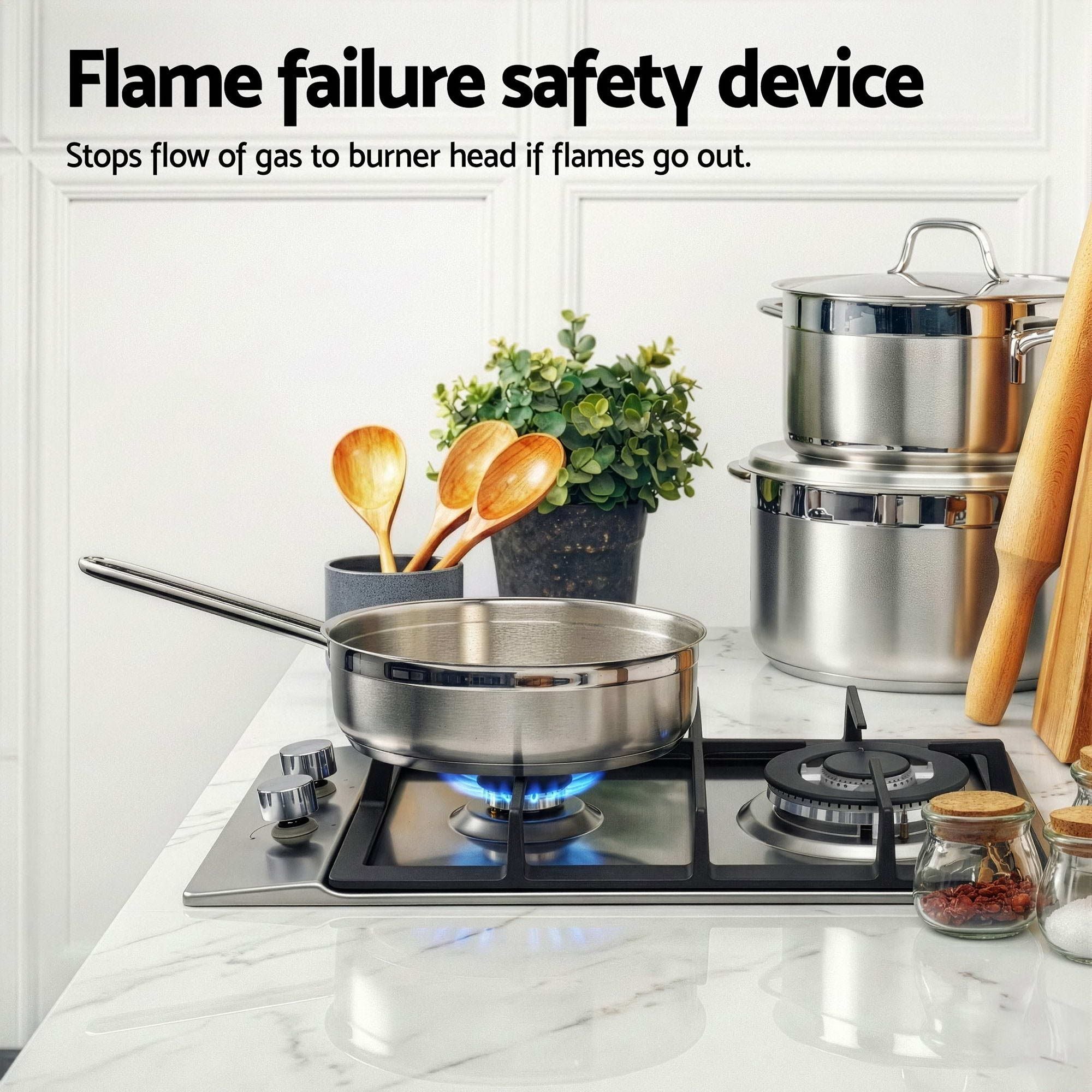 30cm Gas Cooktop 2 Burner Stainless Steel Wok Flame Safety Lock