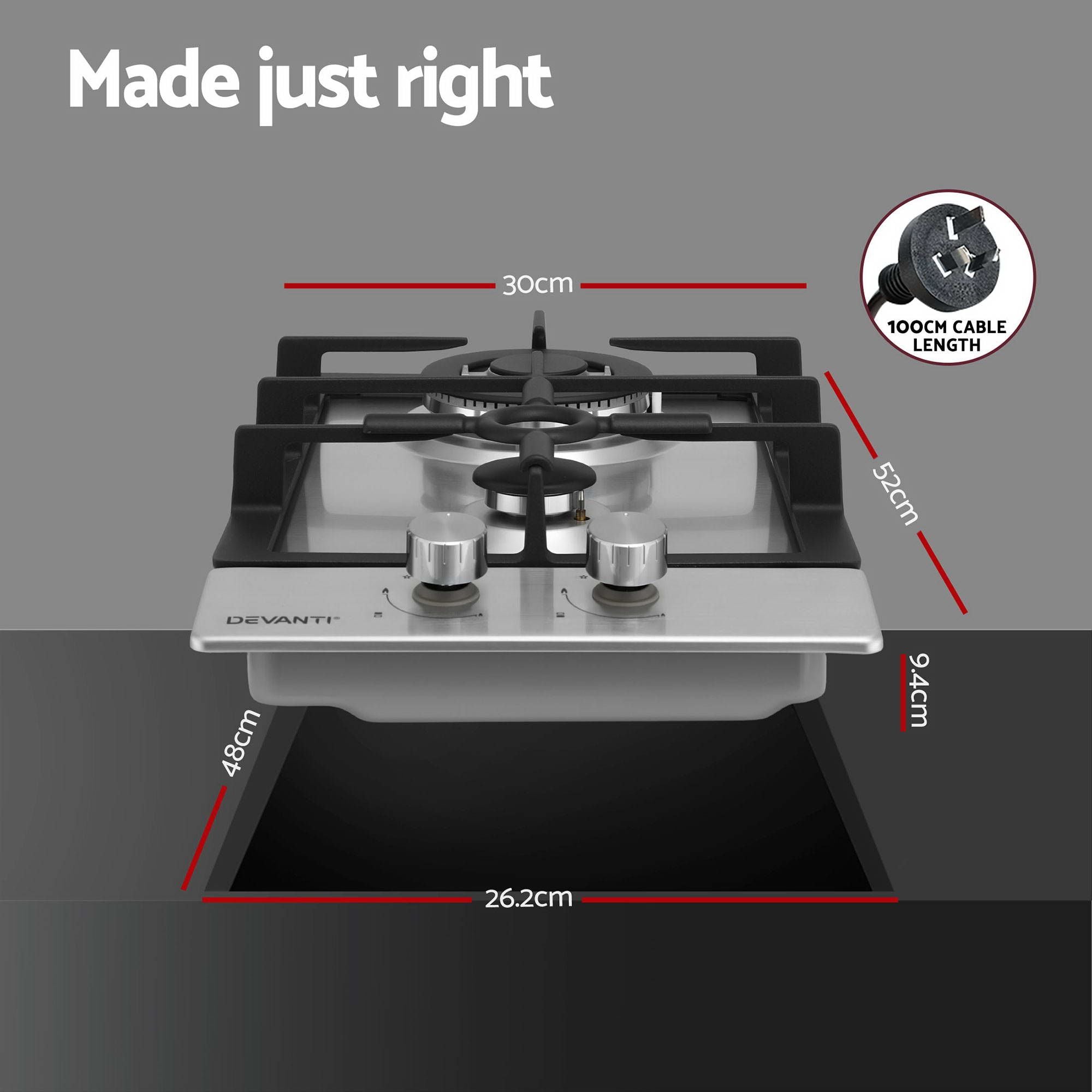 30cm Gas Cooktop 2 Burner Stainless Steel Wok Flame Safety Lock