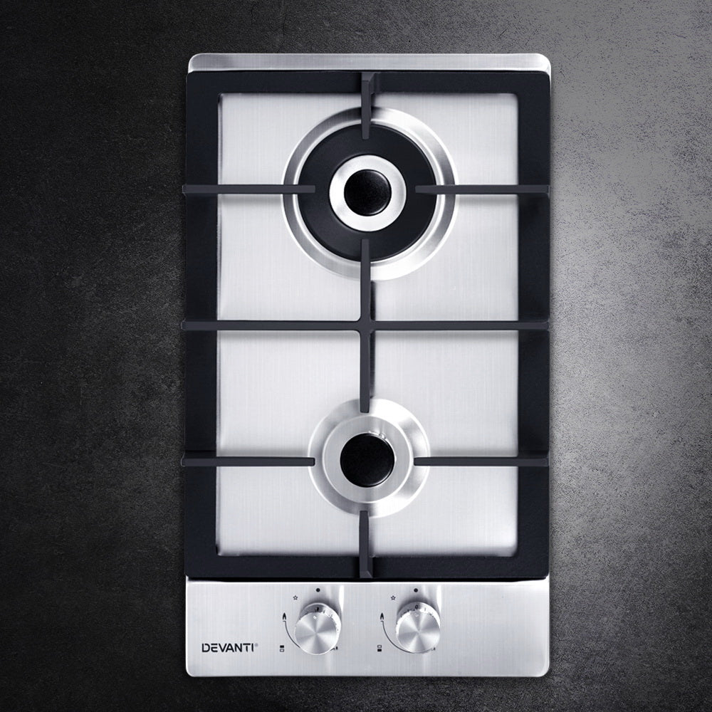 30cm Gas Cooktop 2 Burner Silver Kitchen Appliance