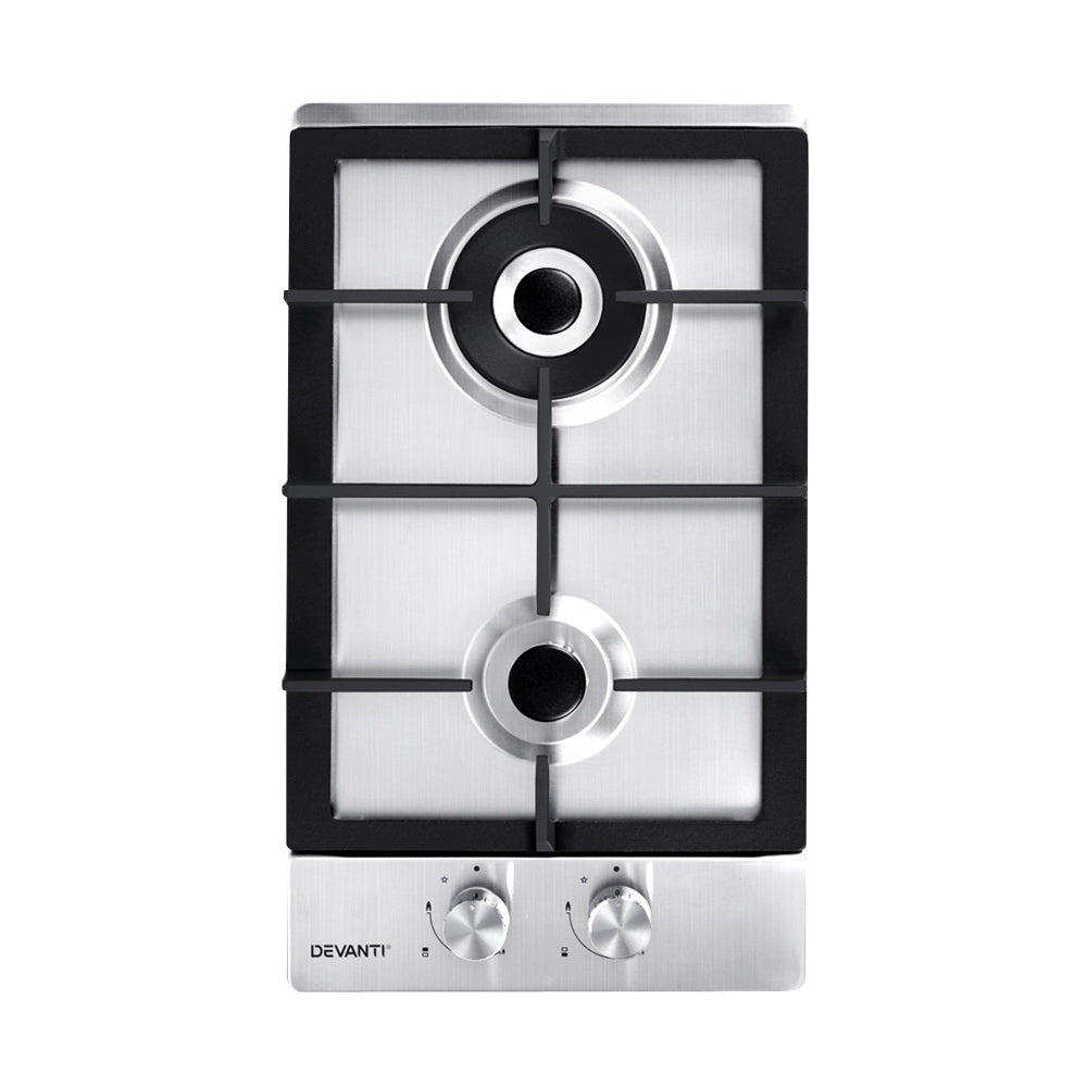 30cm Gas Cooktop 2 Burner Silver Kitchen Appliance