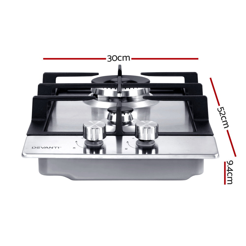 30cm Gas Cooktop 2 Burner Silver Kitchen Appliance