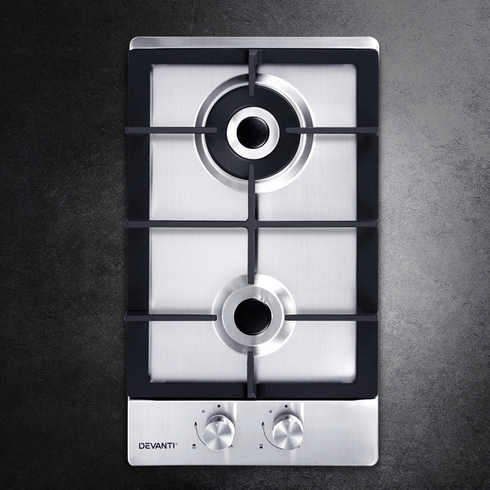 30cm Gas Cooktop 2 Burner Silver Kitchen Appliance