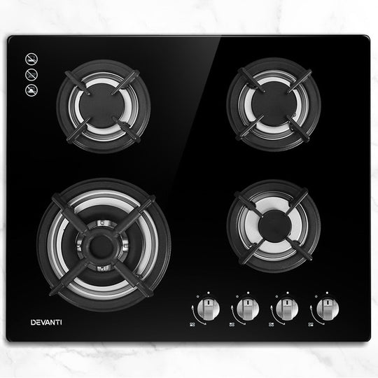 Gas Cooktop 60Cm 4 Burner Black - Devanti Ceramic Glass Cook