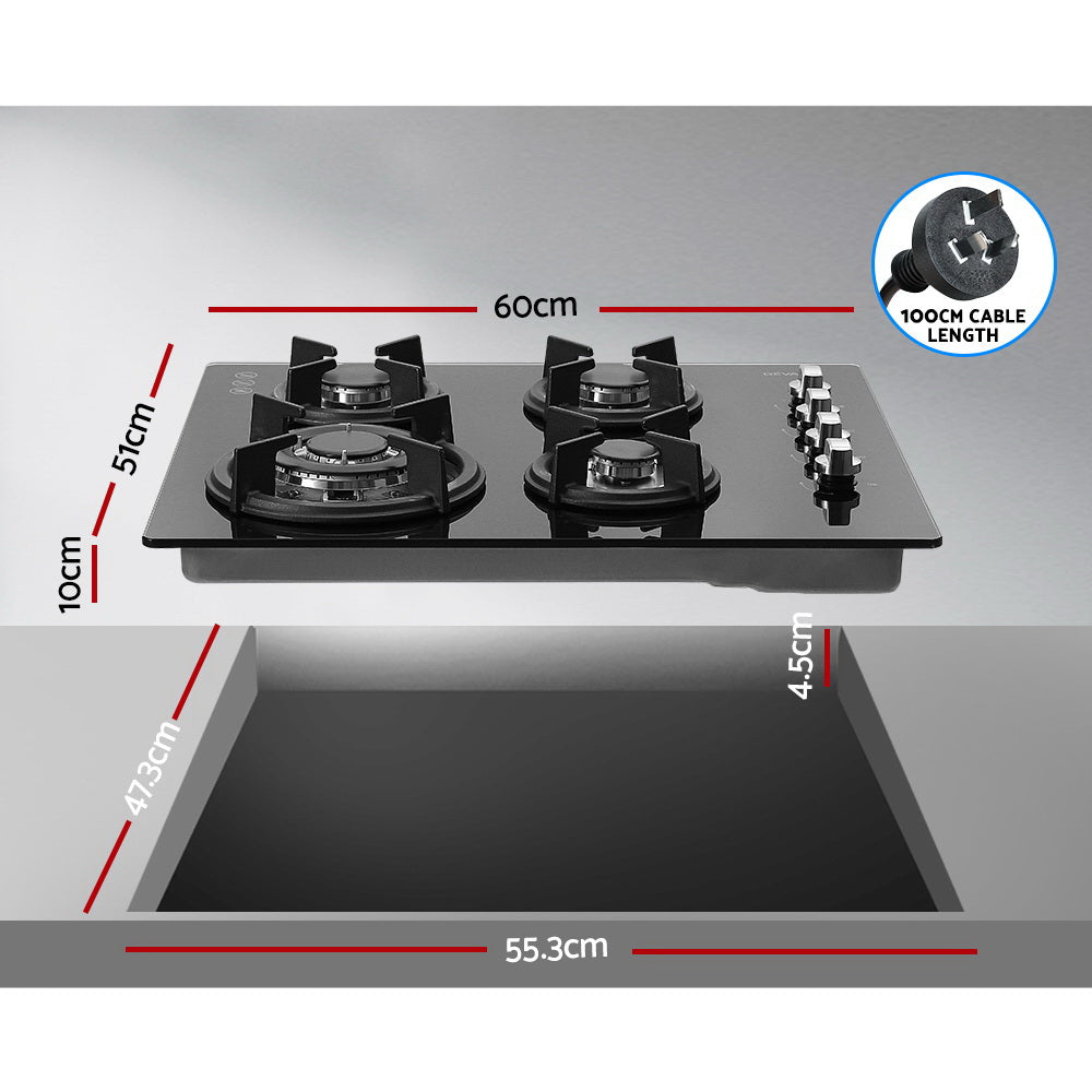 60cm Gas Cooktop Stove Hob Black Kitchen Appliance