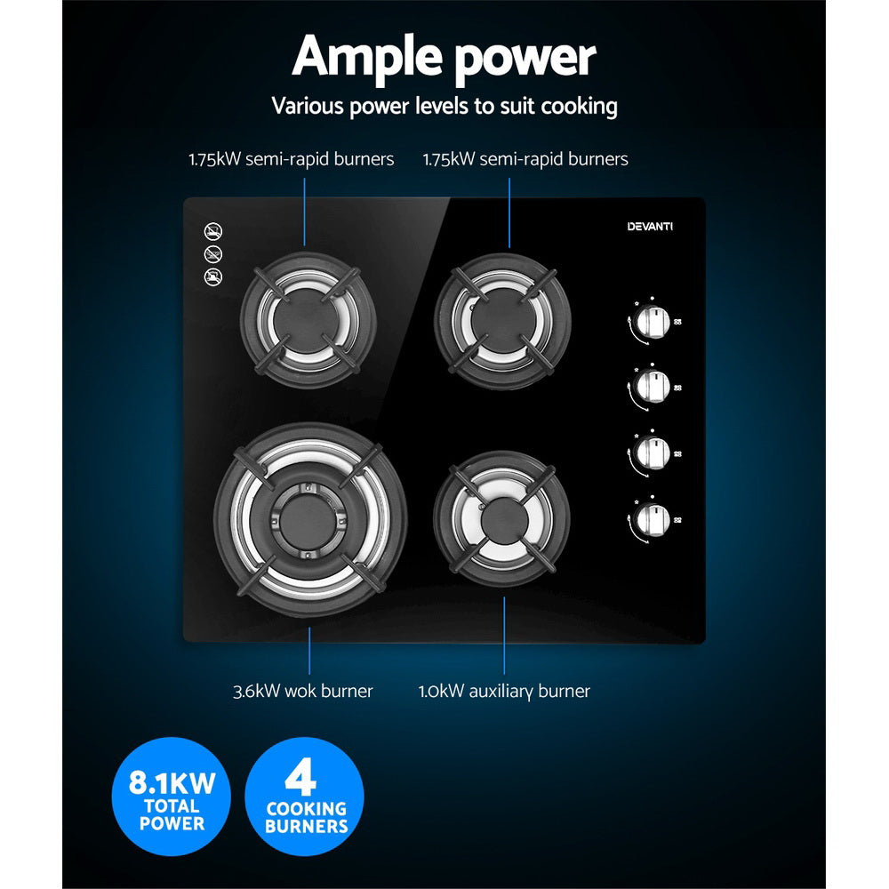 60cm Gas Cooktop Stove Hob Black Kitchen Appliance