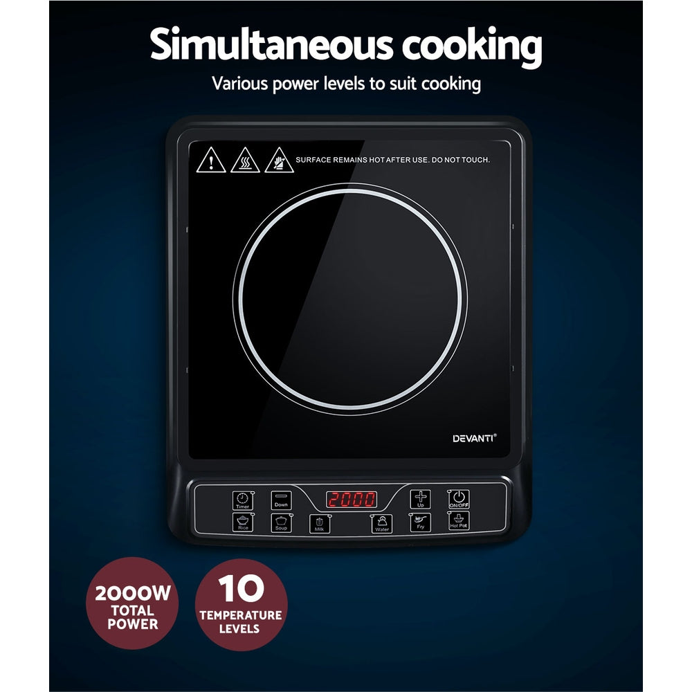 Portable Induction Cooktop 30cm Single Burner Electric Cooker 2000W Black
