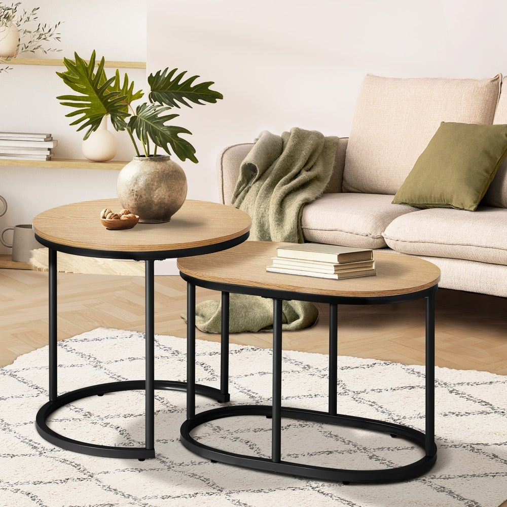 Set of 2 Coffee Table Nesting Round Oval Side Tables Natural