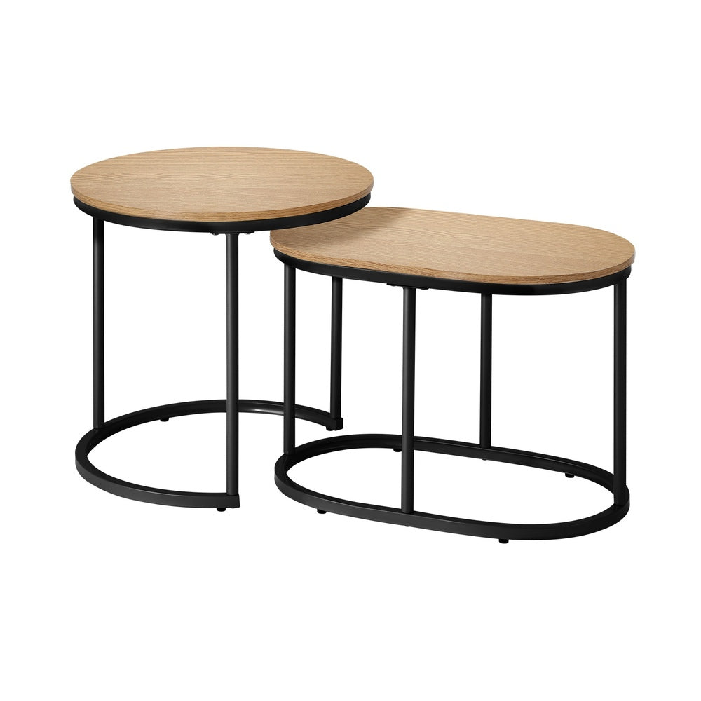 Set of 2 Coffee Table Nesting Round Oval Side Tables Natural