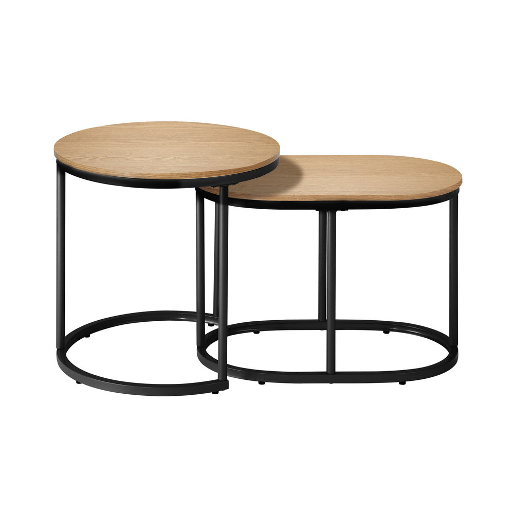 Set of 2 Coffee Table Nesting Round Oval Side Tables Natural