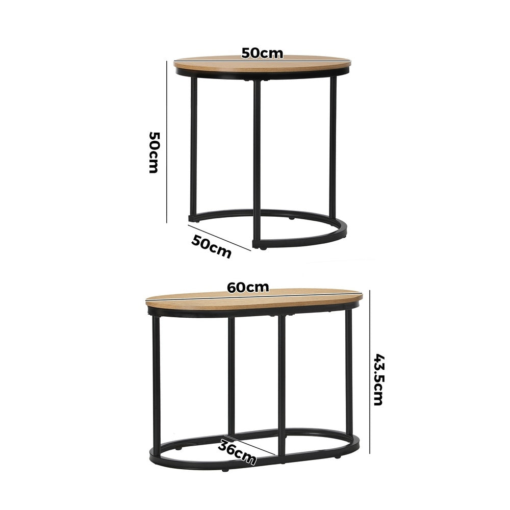 Set of 2 Coffee Table Nesting Round Oval Side Tables Natural