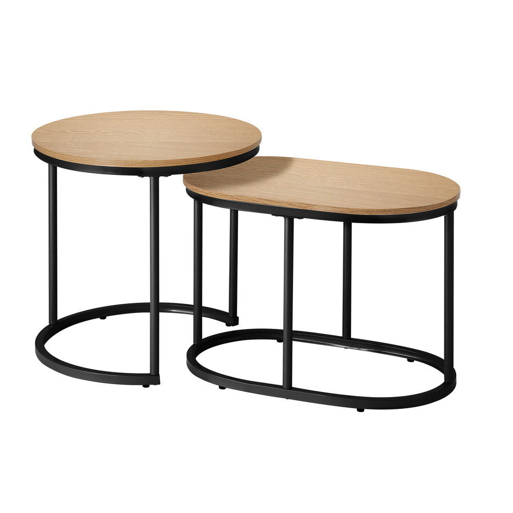 Set of 2 Coffee Table Nesting Round Oval Side Tables Natural