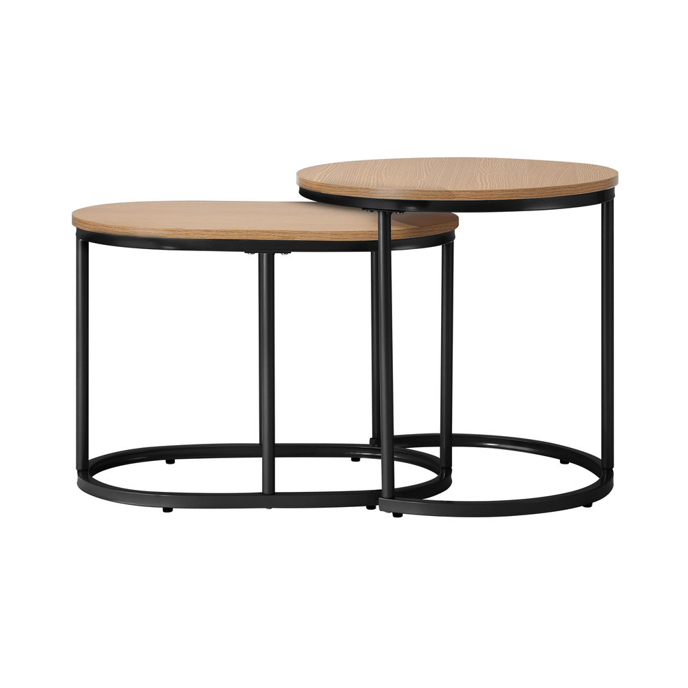 Set of 2 Coffee Table Nesting Round Oval Side Tables Natural