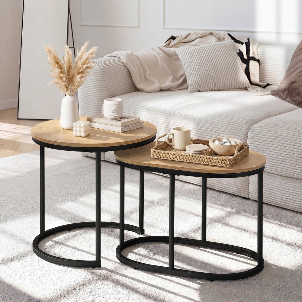 Set of 2 Coffee Table Nesting Round Oval Side Tables Natural
