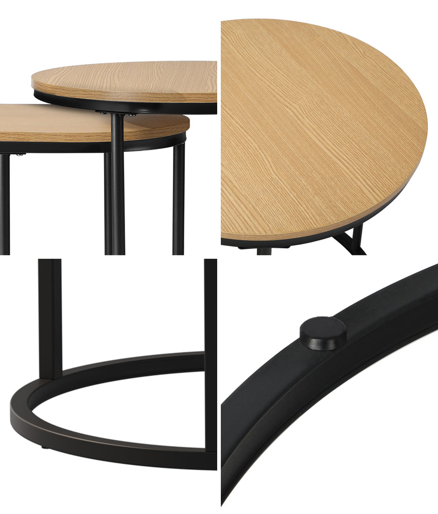 Set of 2 Coffee Table Nesting Round Oval Side Tables Natural