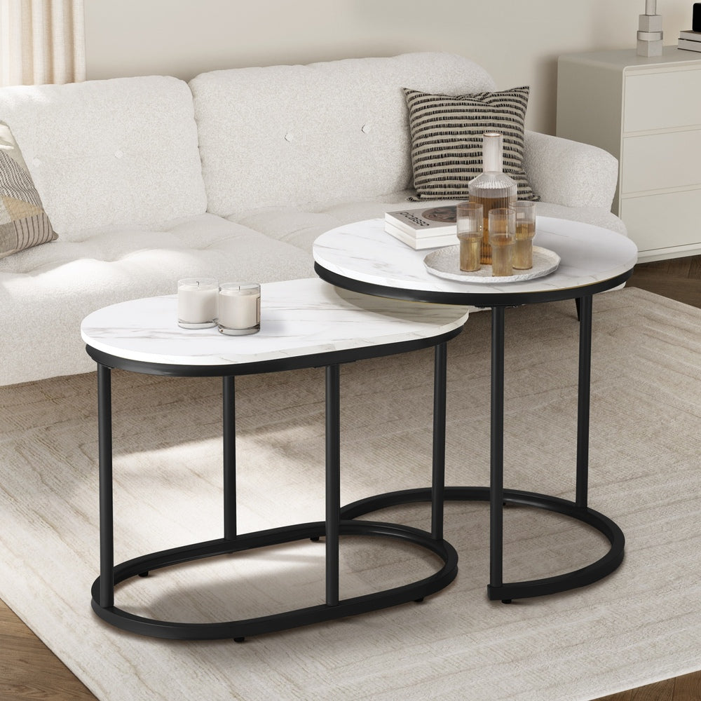 Set of 2 Coffee Table Round Oval Marble Nesting Side End Table