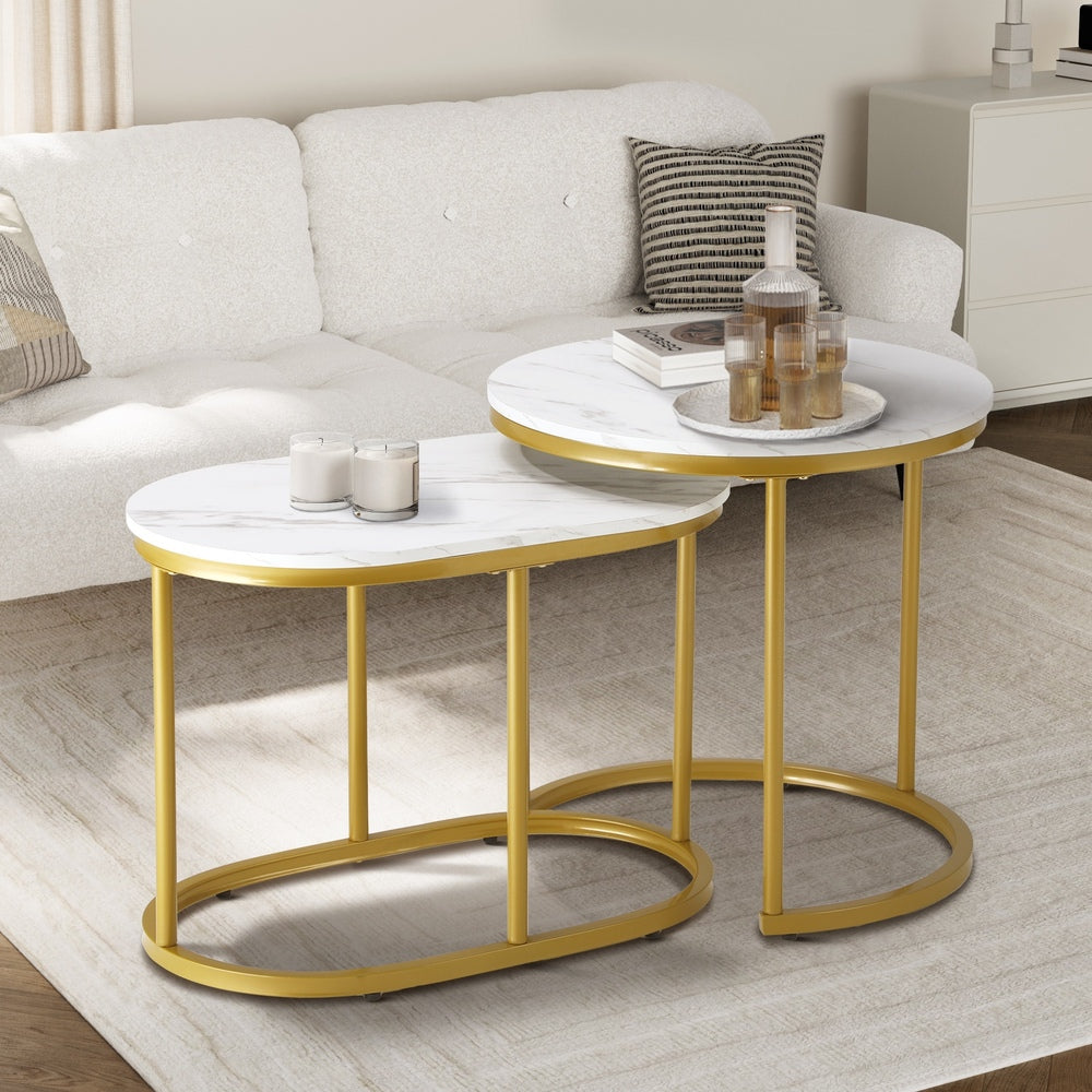 Set of 2 Coffee Table Round Oval Marble Nesting Side End Table