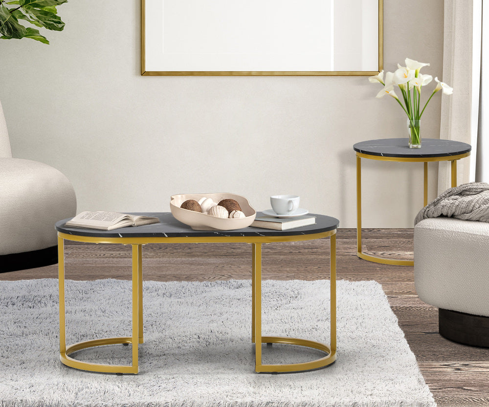 Nesting  Coffee Table Set of 2 Marble Effect Gold Black
