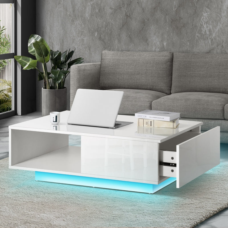 Coffee Table LED Light High Gloss Storage Drawer Modern Furniture with Coffee Table - photo 8