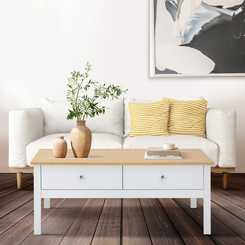 Coffee Table Storage Drawers Natural White