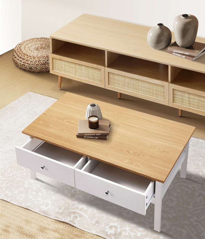 Coffee Table Storage Drawers Natural White