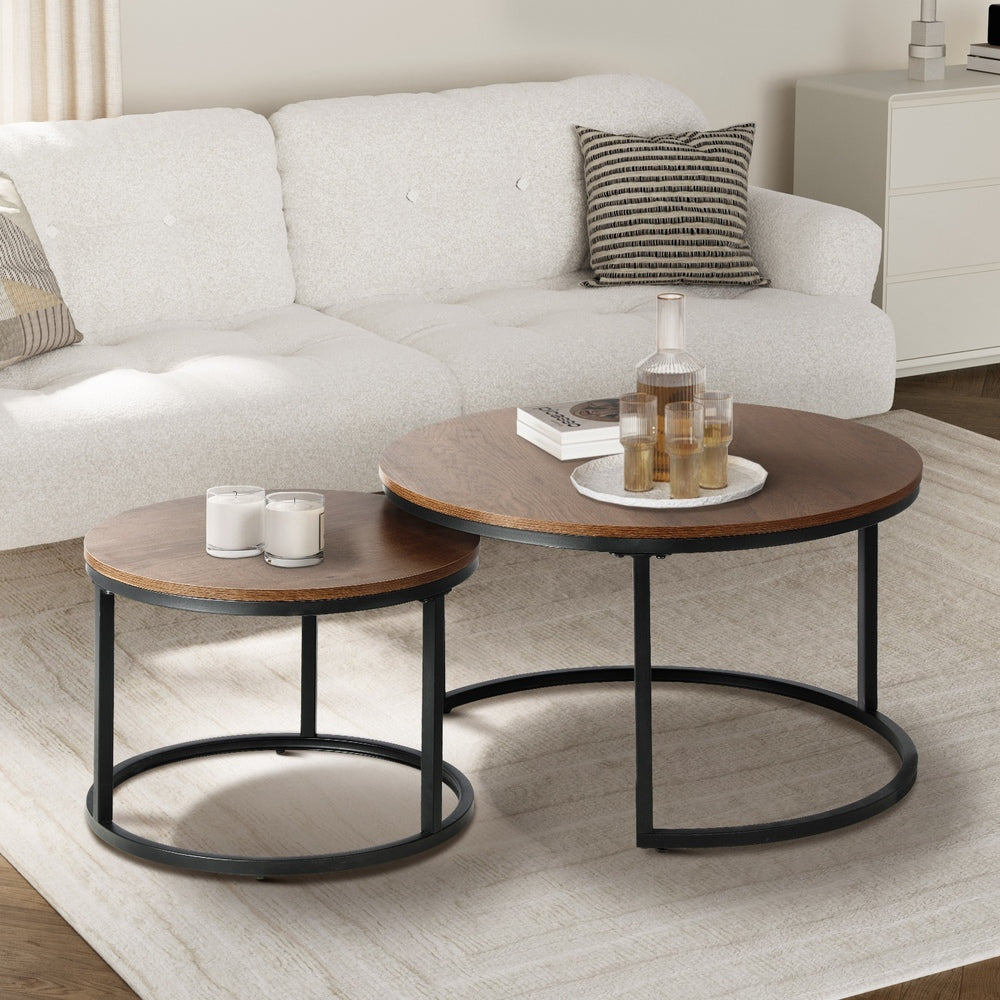 Set of 2 Coffee Table Round Nesting Side End Table Walnut & Black