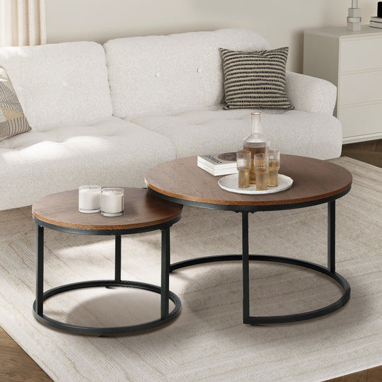 Set of 2 Coffee Table Round Nesting Side End Table Walnut