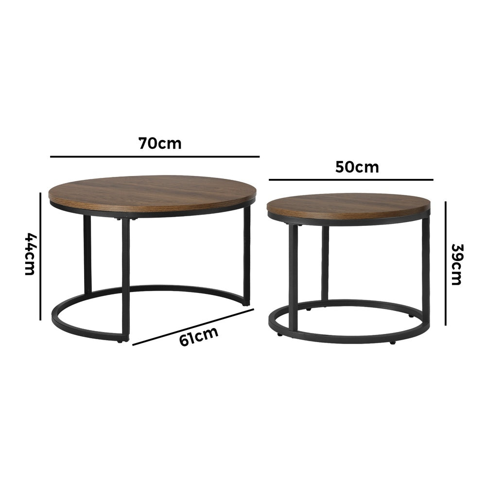 Set of 2 Coffee Table Round Nesting Side End Table Walnut & Black