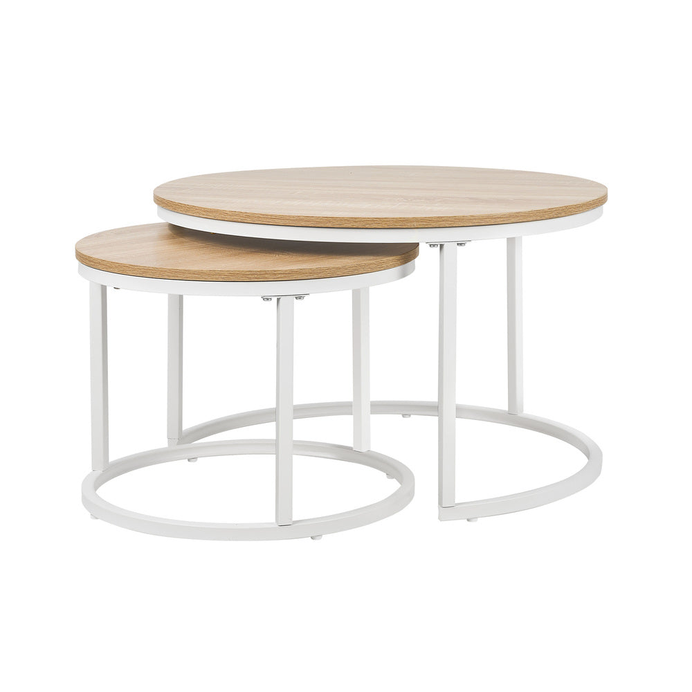 Set of 2 Nesting Coffee Table Round Natural & White