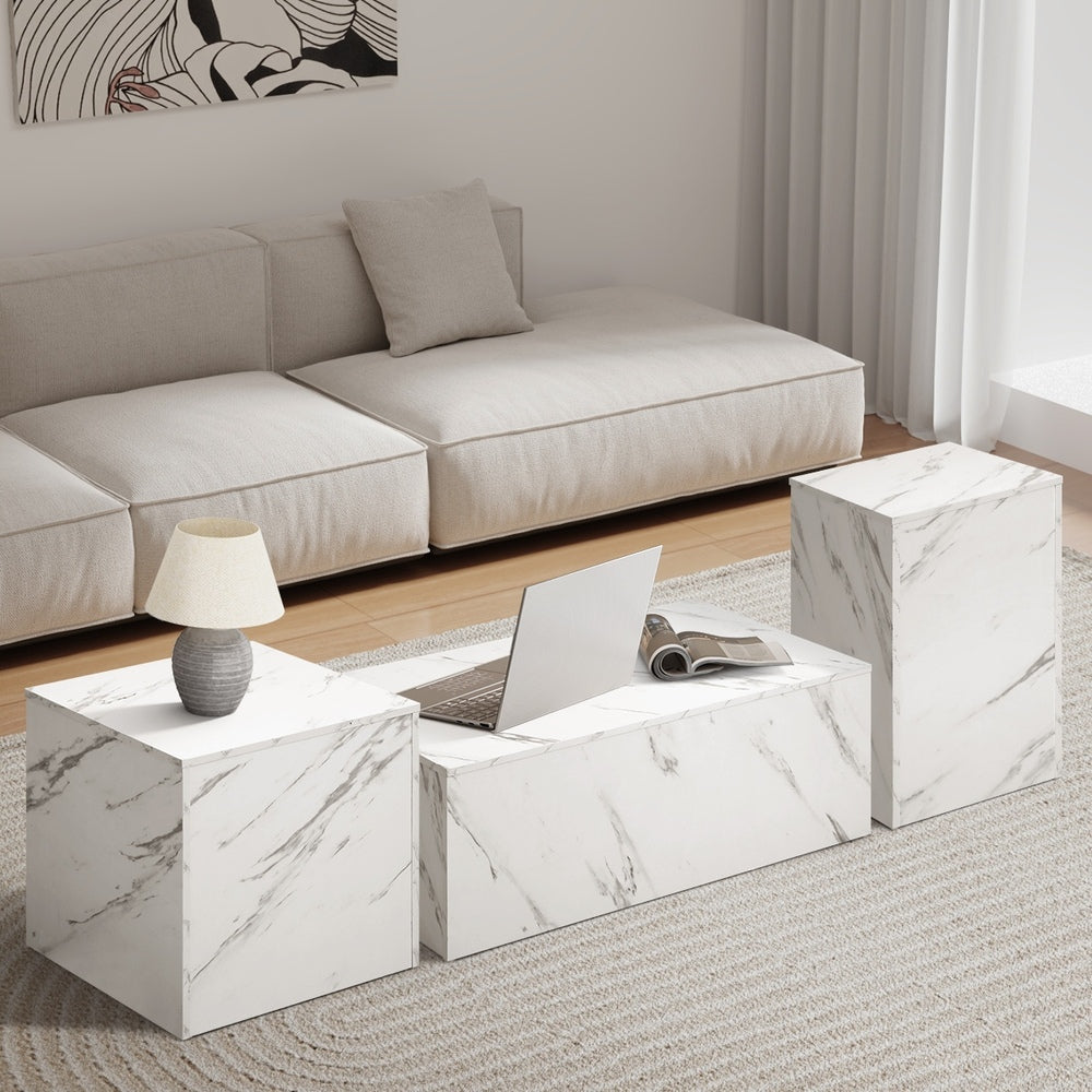 Coffee Table Set of 3 Side Tables Marble Effect White