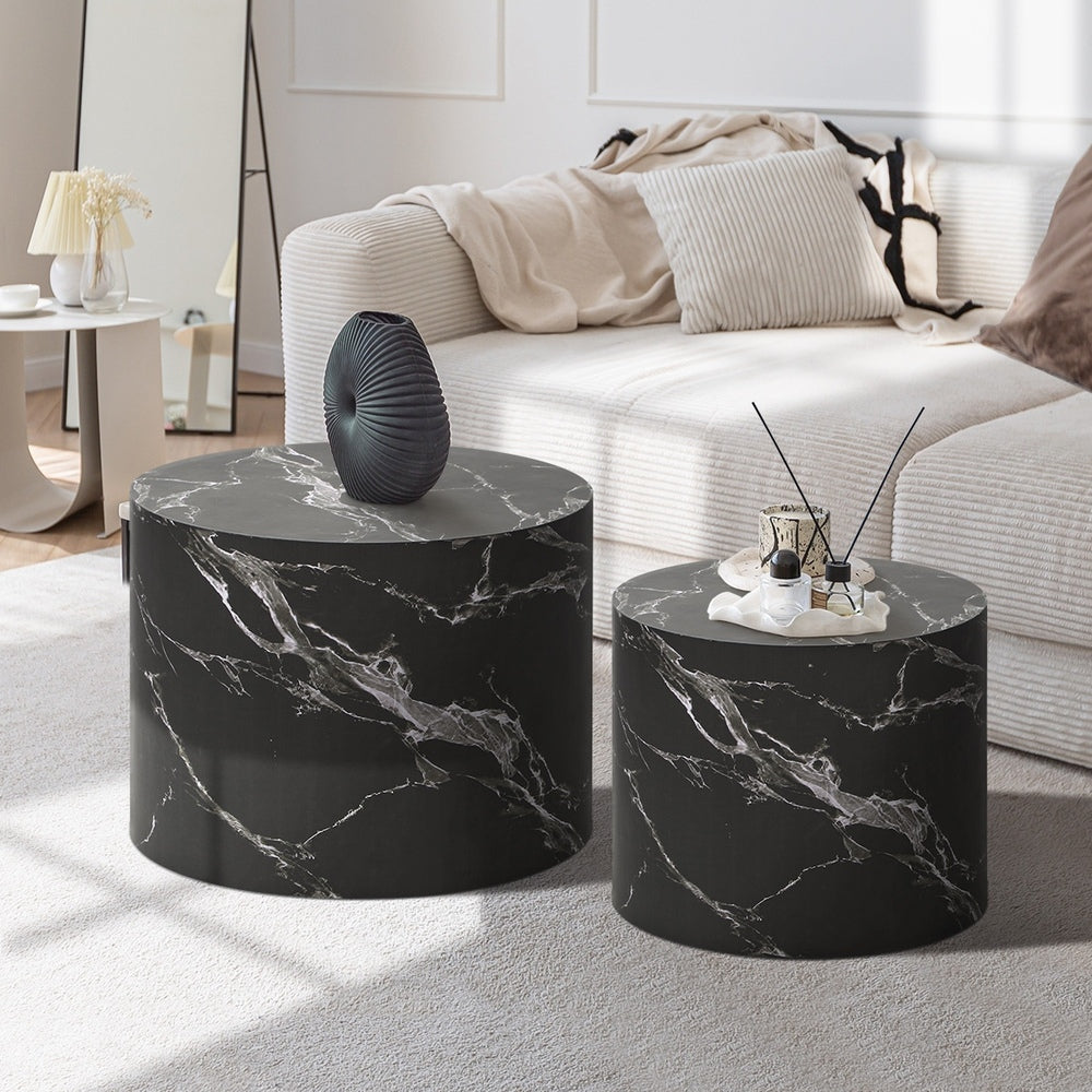 Round Coffee Table Set of 2 Marble Effect
