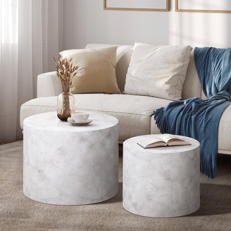 Round Coffee Table Set of 2 Marble Effect - Marble finish