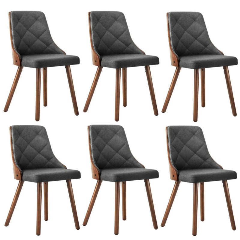 Set of 6 Wooden Dining Chairs with Linen Fabric Padded Seats for Kitchen
