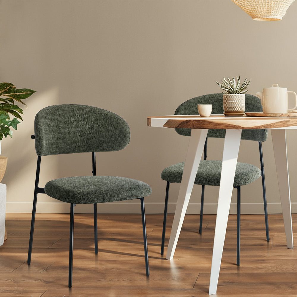 Dining Chair Set of 2 Green Linen Fabric with Contoured Foam Seat
