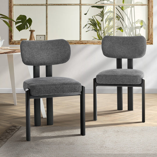 Dining Chair Set of 2 Grey Linen Fabric Padded Foam Seat