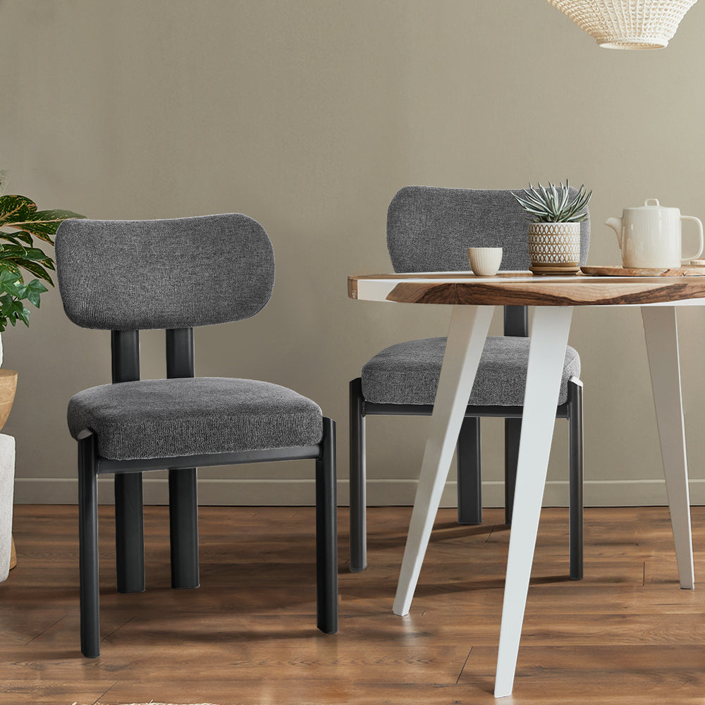 Dining Chair Set of 2 Grey Linen Fabric with Padded Foam Seat