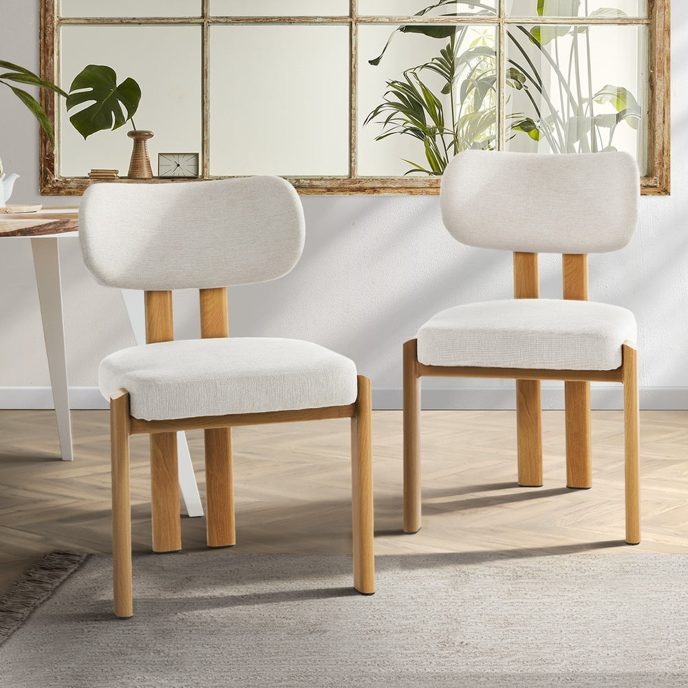 Dining Chair Set of 2 Beige Linen Fabric with Padded Foam Seat