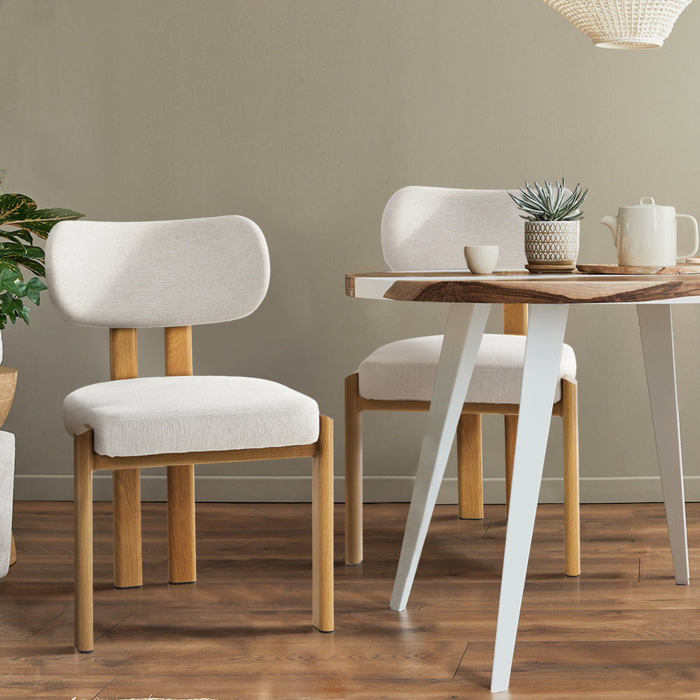 Dining Chair Set of 2 Beige Linen Fabric with Padded Foam Seat