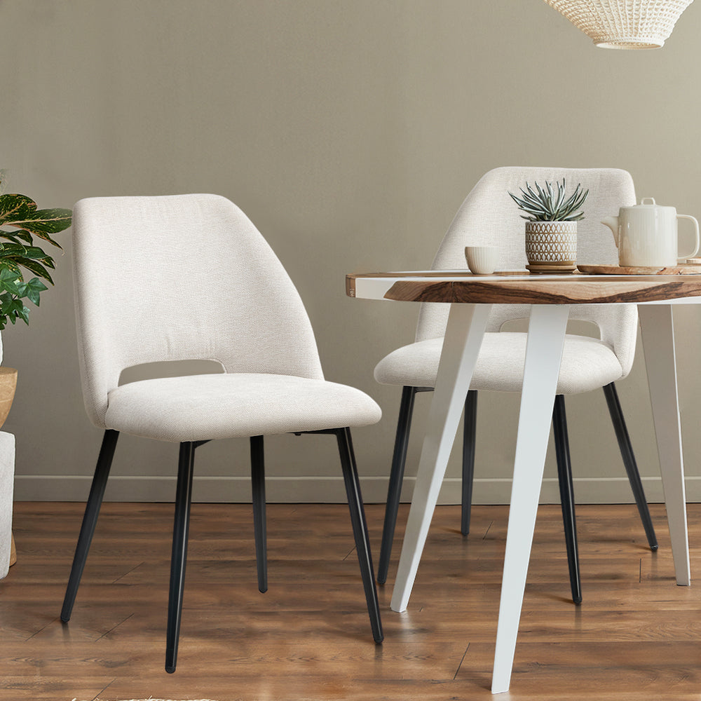 Dining Chair Set of Beige Linen Fabric with Wraparound Padded Seat