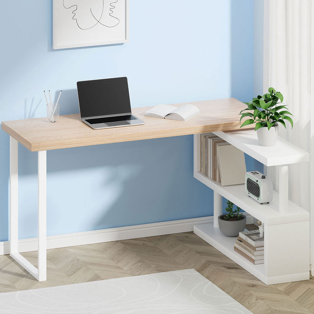 140cm Computer Desk with Bookshelf Oak & White Study Table