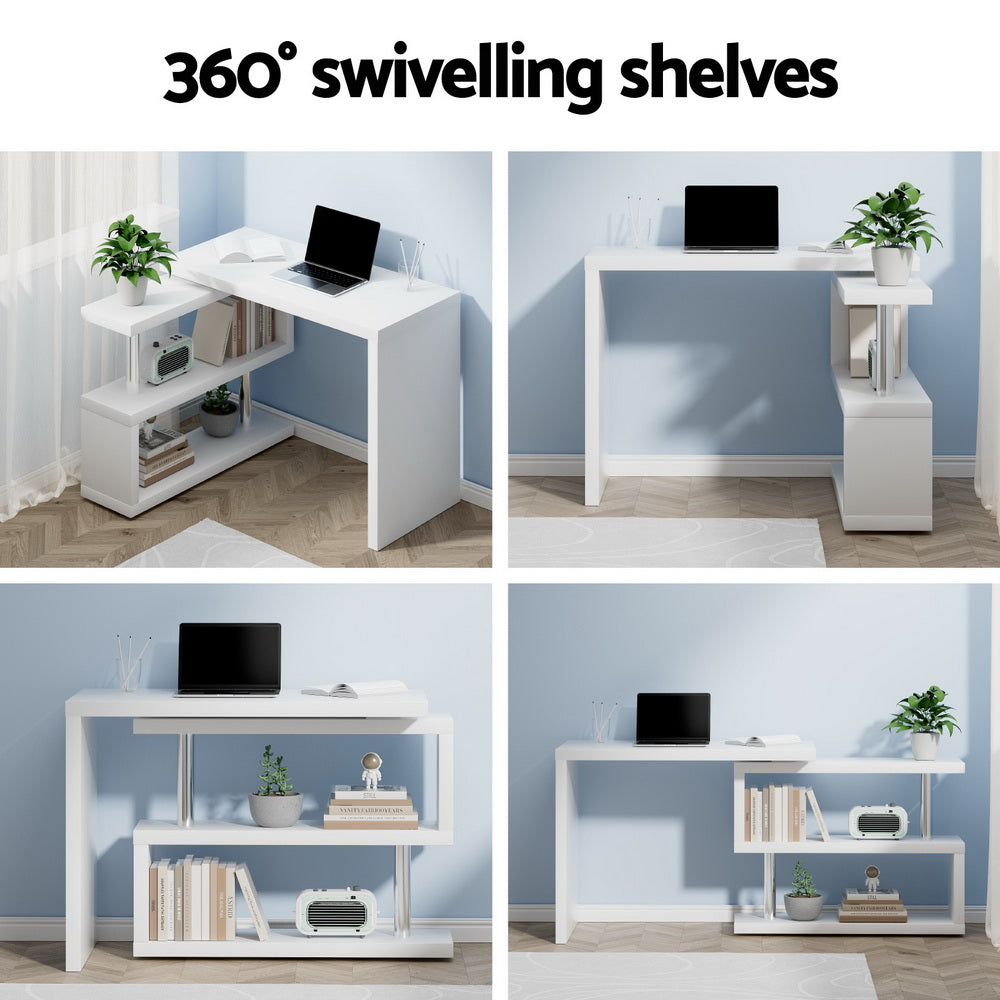 Computer Desk L Shape White with Bookshelf Storage Home Office Desk