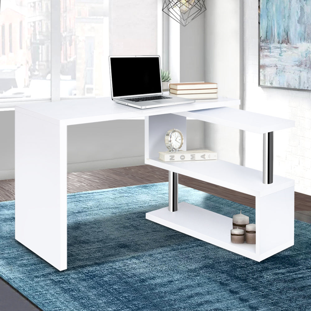 Computer Desk L Shape White with Bookshelf Storage Home Office Desk