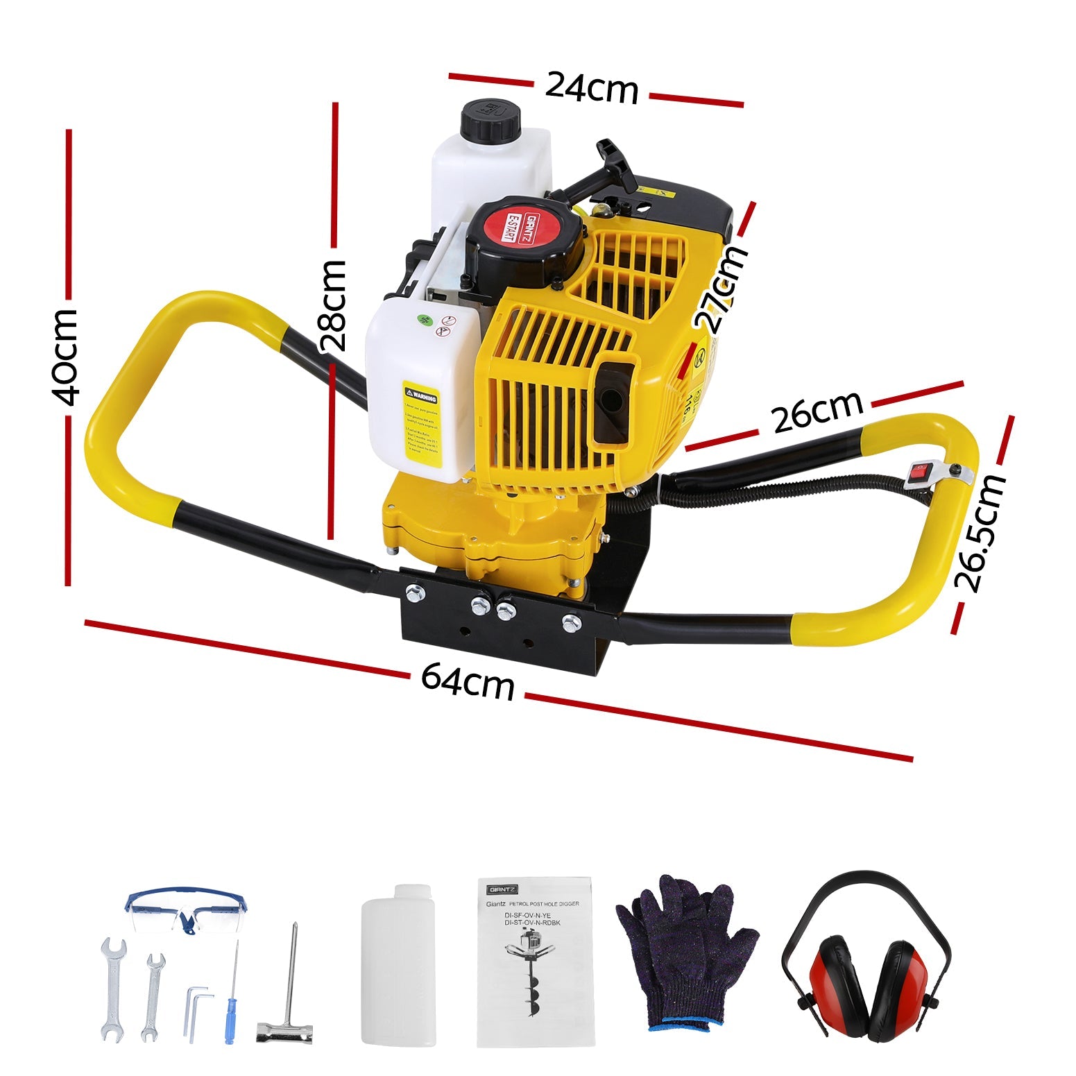 Outdoor Power Equipment - 74Cc Post Hole Digger Motor Only Petrol Engine Yellow