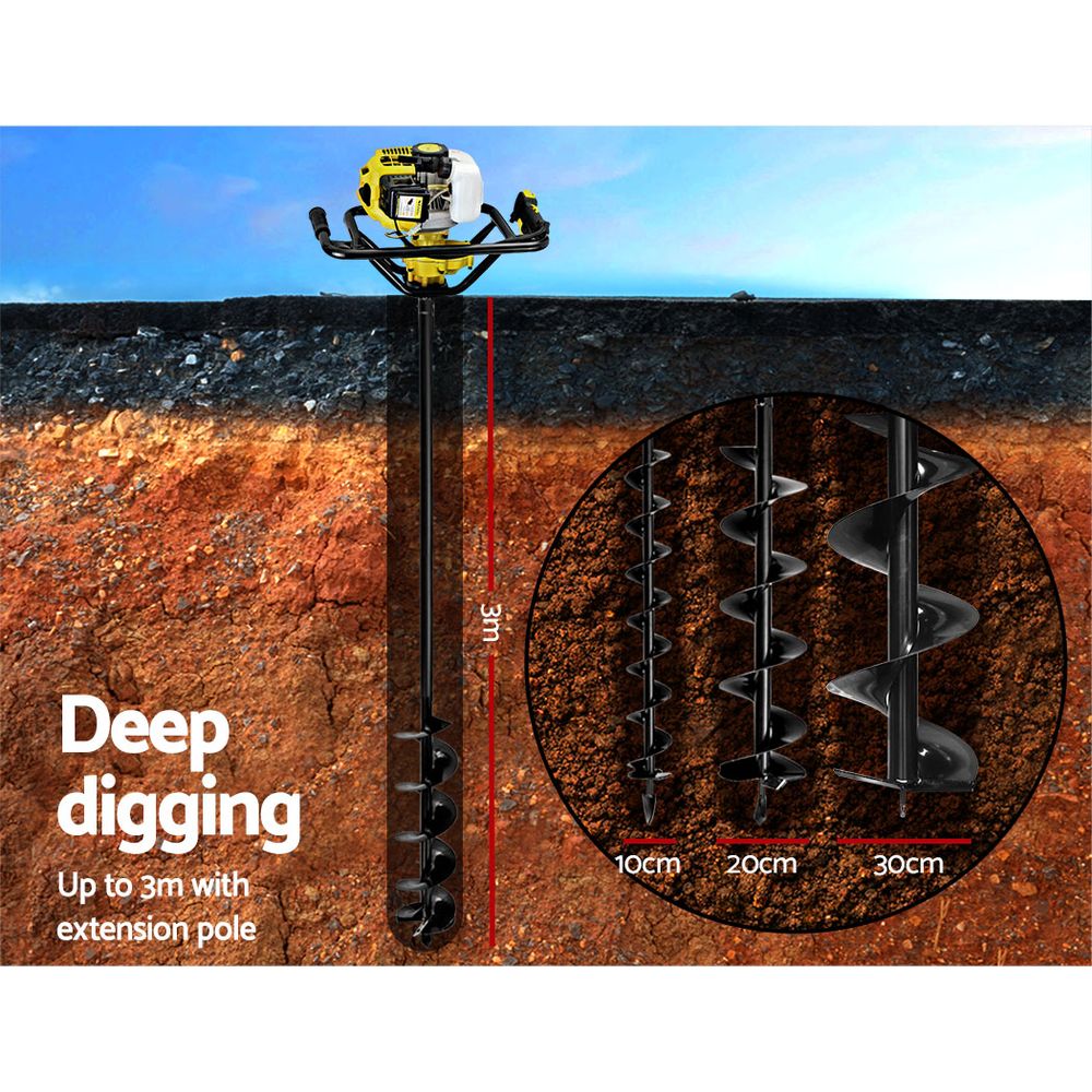 Petrol Post Hole Digger 92cc Earth Auger Drill Kit with Extension Bits
