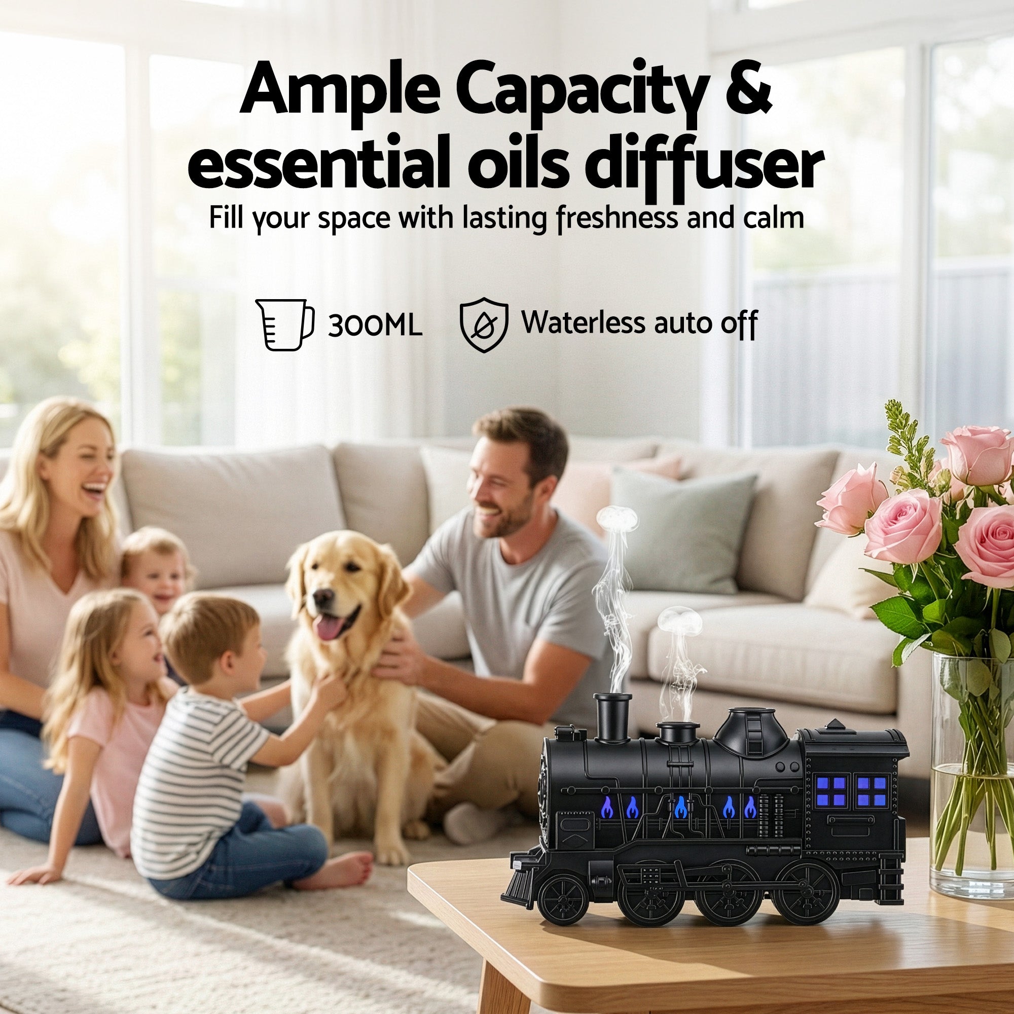 Train Aroma Diffuser 300ml Essential Oil Humidifier with Smoke Ring LED Timer