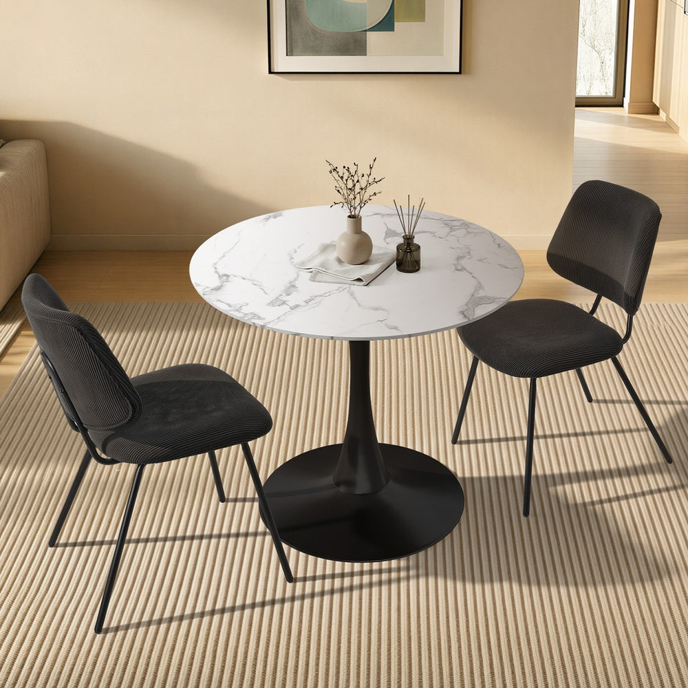 Dining Table Set Round White Table and 2 Black Chairs